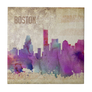 Boston, MA   Watercolor City Skyline Ceramic Tile