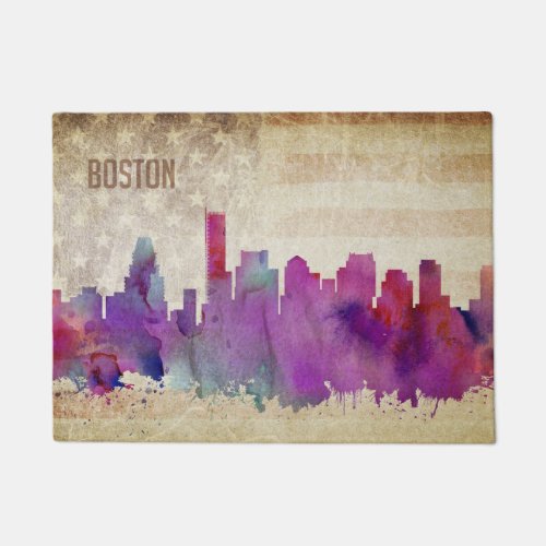 Boston MA  Watercolor City Skyline Doormat