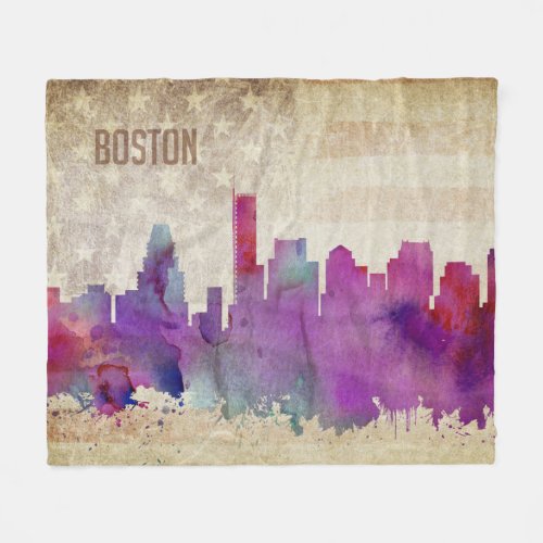 Boston MA  Watercolor City Skyline Fleece Blanket