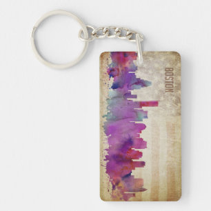 Boston, MA Watercolor City Skyline Keychain