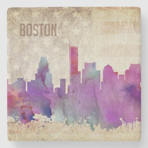 Boston MA  Watercolor City Skyline Stone Coaster