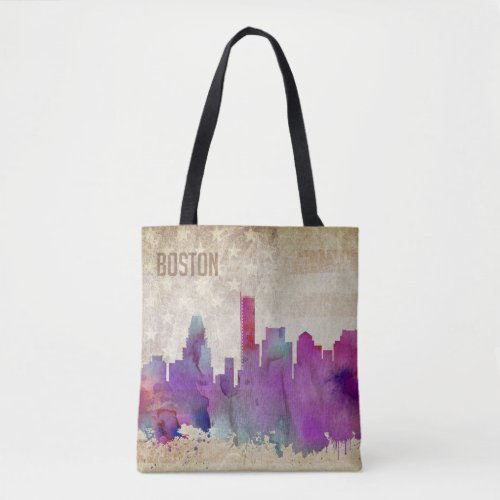 Boston MA  Watercolor City Skyline Tote Bag
