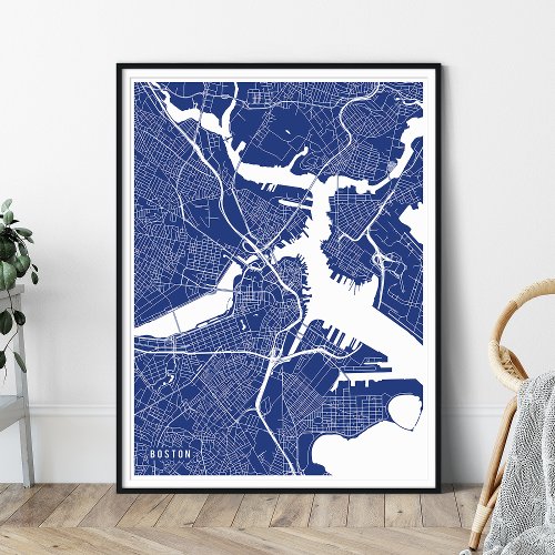 Boston Map Minimal Navy Blue Line Map Poster