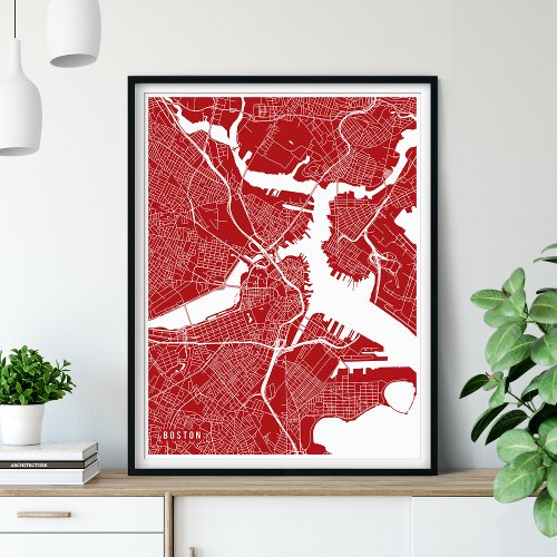 Boston Map Red Modern Street Map Poster