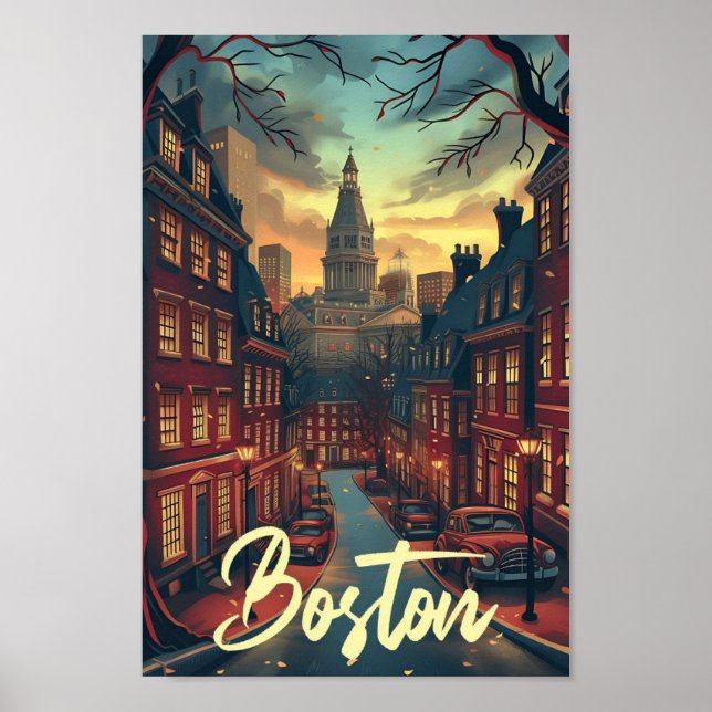 Boston massachuset Vintage Art Travel Illustration Poster (Front)