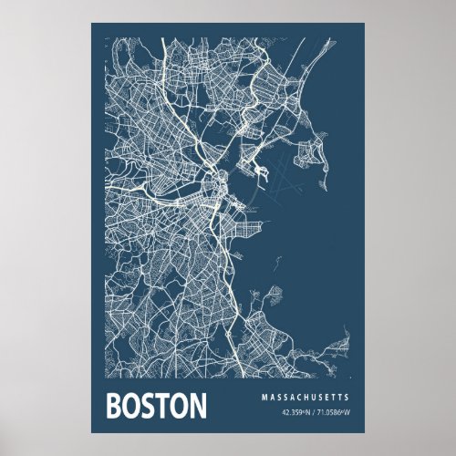 Boston Massachusetts City Map Line Art Blue Print