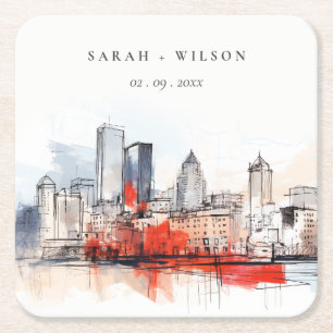 Boston Massachusetts City Scape Watercolor Wedding Square Paper Coaster