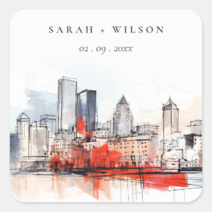 Boston Massachusetts City Scape Watercolor Wedding Square Sticker