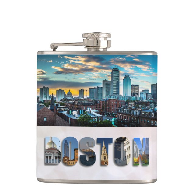 Boston Massachusetts City Skyline Travel Photo Flask (Front)