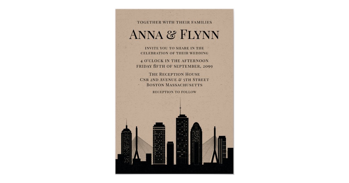 Boston Massachusetts City Skyline Wedding Party Invitation Zazzle