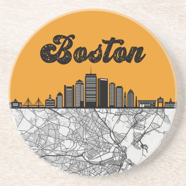 Boston Massachusetts City Skyline With Map Coaster (Front)