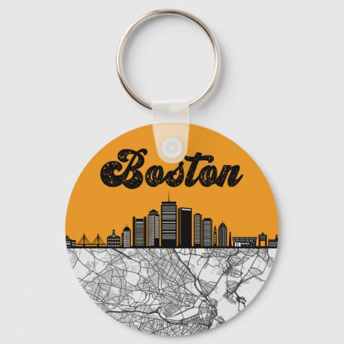 Boston Massachusetts City Skyline With Map Keychain