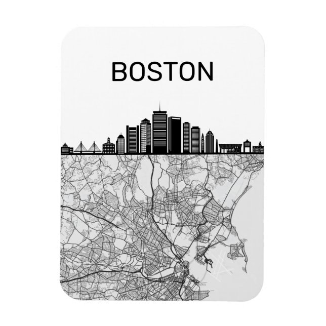 Boston Massachusetts City Skyline With Map Magnet (Vertical)