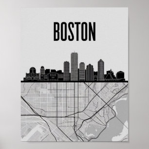 Boston Massachusetts City Skyline With Map Poster