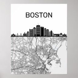 Boston Massachusetts City Skyline With Map Poster