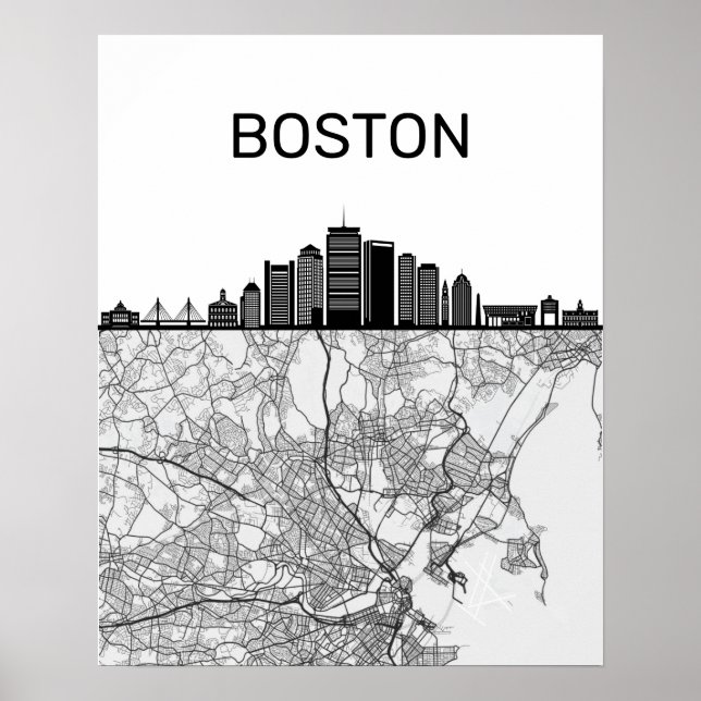 Boston Massachusetts City Skyline With Map Poster (Front)