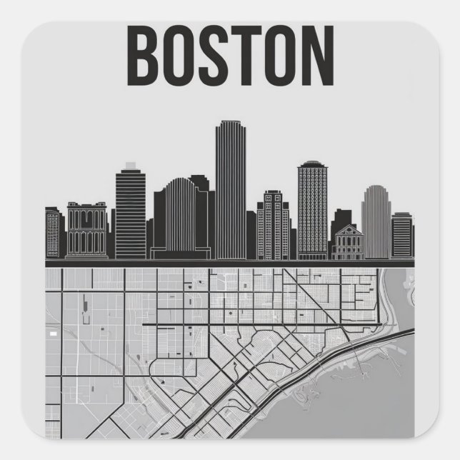 Boston Massachusetts City Skyline With Map Square Sticker (Front)