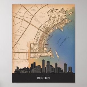 Boston Massachusetts City Skyline With Vintage Map Poster