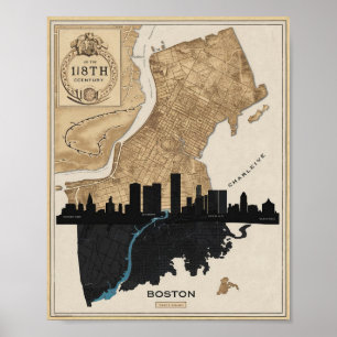 Boston Massachusetts City Skyline With Vintage Map Poster