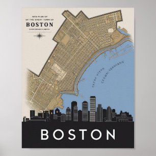 Boston Massachusetts City Skyline With Vintage Map Poster