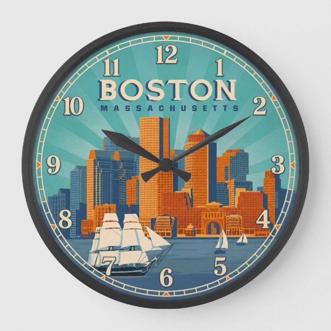 Boston Massachusetts Harbor Skyline Large Clock (Front)