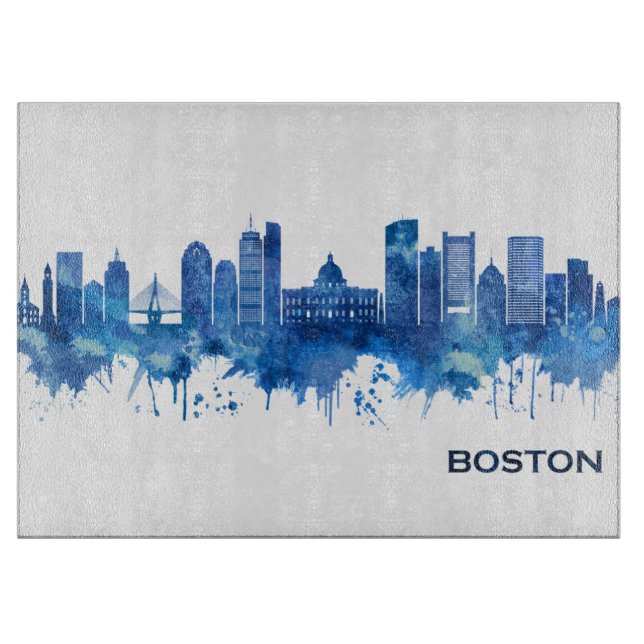 Boston Massachusetts Skyline Blue Cutting Board (Front)