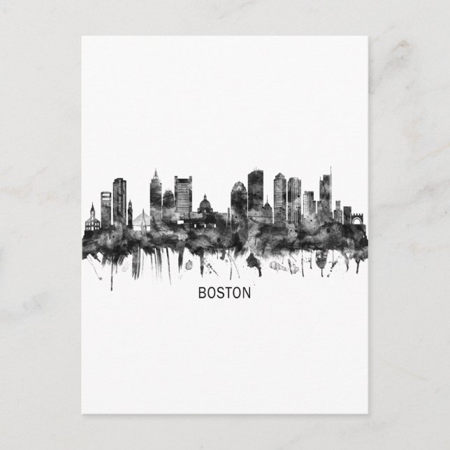 Boston Massachusetts Skyline BW Invitation Postcard (Front)