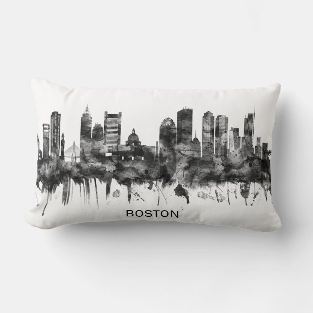 Boston Massachusetts Skyline BW Lumbar Pillow (Front)
