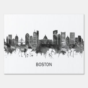 Boston Massachusetts Skyline BW Sign