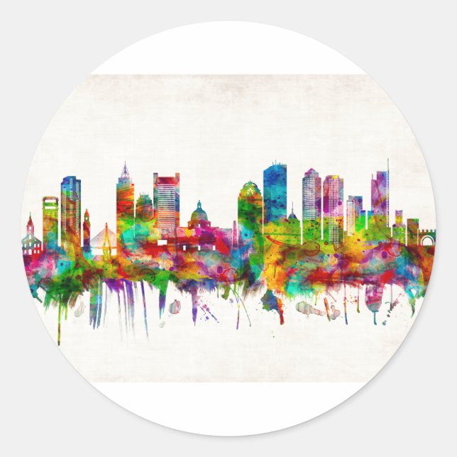 Boston Massachusetts Skyline Classic Round Sticker (Front)