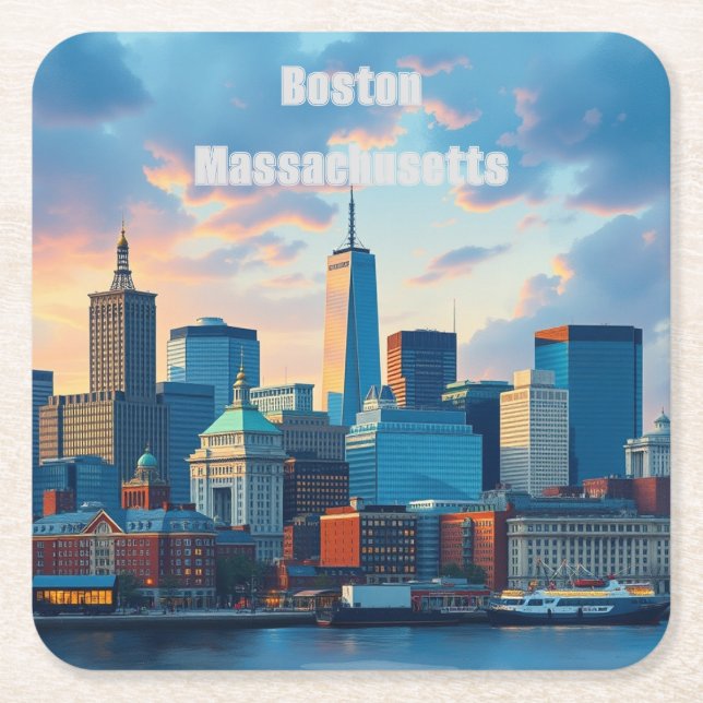 Boston Massachusetts Skyline Square Paper Coasters (Front)
