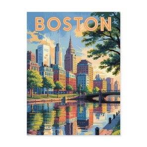 Boston Massachusetts Skyline Travel Art Vintage Postcard