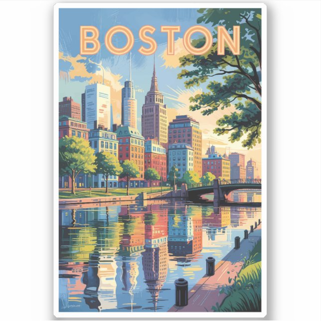 Boston Massachusetts Skyline Travel Art Vintage Sticker (Front)