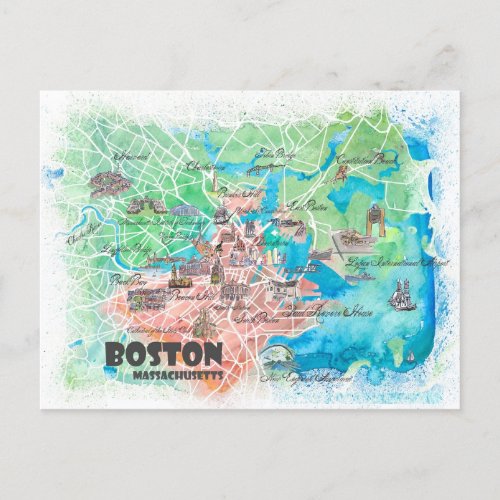 Boston Massachusetts USA Illustrated Map  Postcard