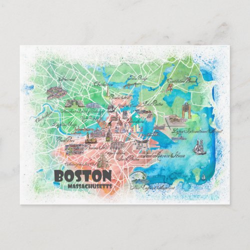 Boston Massachusetts USA Illustrated Map   roads Postcard