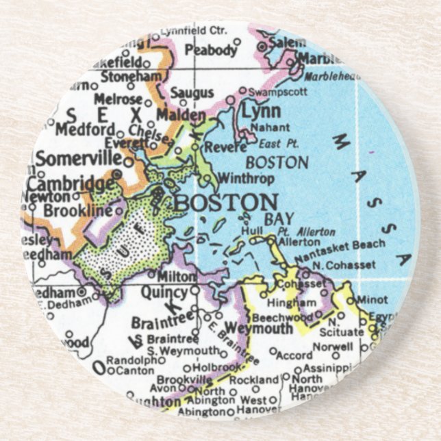 Boston, Massachusetts Vintage Map Sandstone  Coaster (Front)