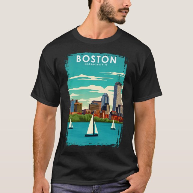 Boston Massachusetts Vintage Minimal Travel Poster T-Shirt (Front)