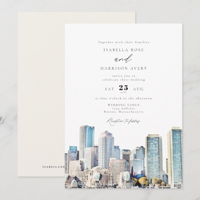 BOSTON Massachusetts Watercolor Skyline Wedding In Invitation (Front/Back)
