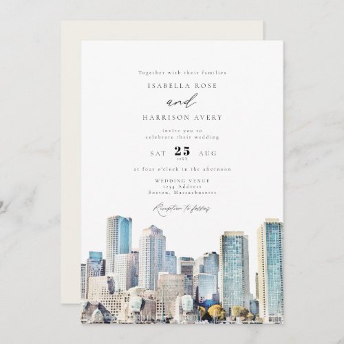 BOSTON Massachusetts Watercolor Skyline Wedding In Invitation