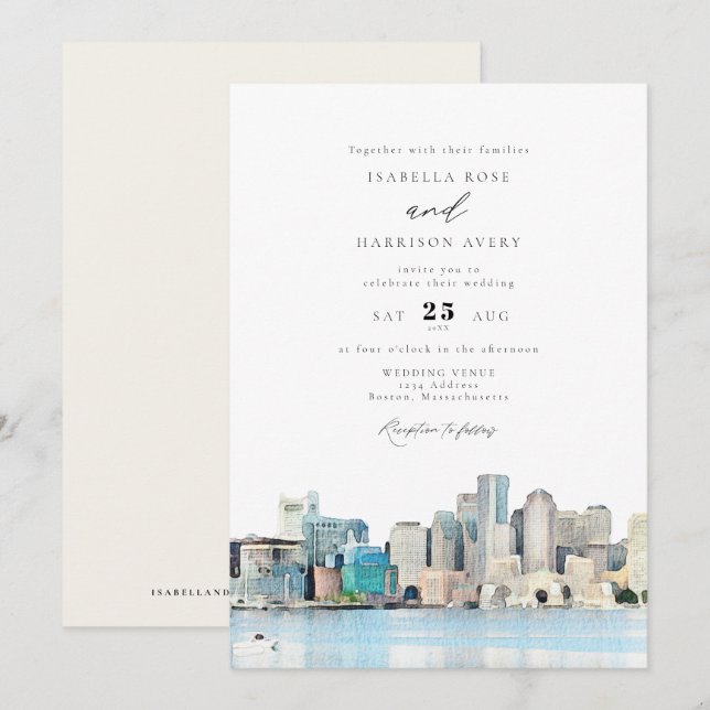 BOSTON Massachusetts Watercolor Skyline Wedding Invitation (Front/Back)