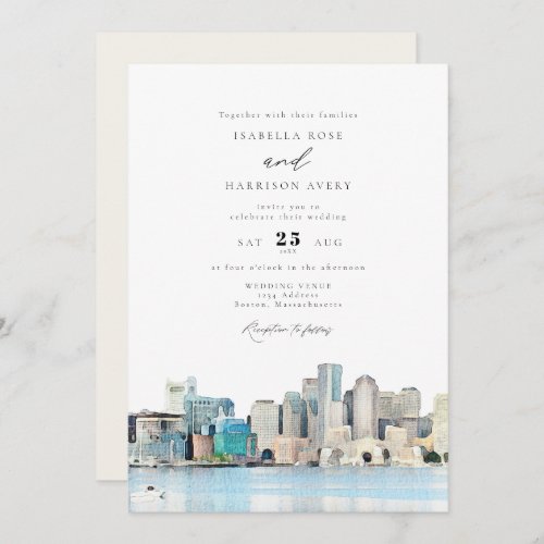 BOSTON Massachusetts Watercolor Skyline Wedding Invitation