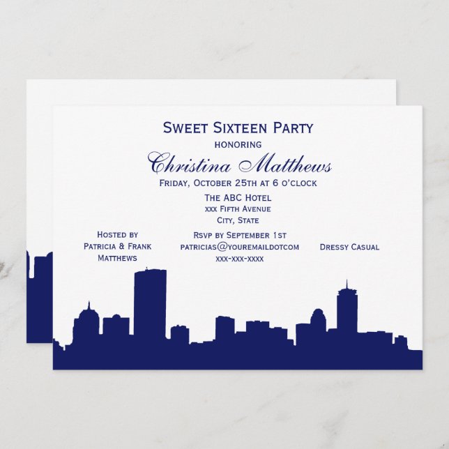 Boston Navy Skyline Silhouette Sweet 16 Party Invitation (Front/Back)
