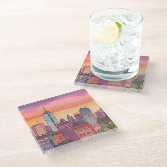 Boston North End Watercolor MA Cityscape Glass Coaster (Angled)