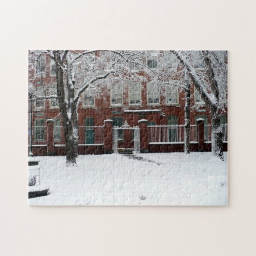 Boston Red Brick School House in Winter Snow Jigsaw Puzzle