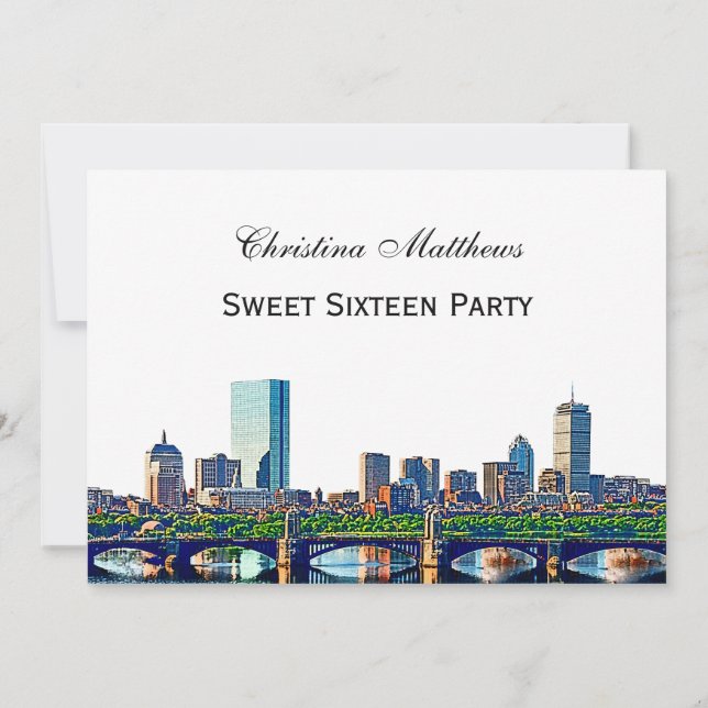 Boston Skyline #2Col Sweet 16 Party Invitation (Back)