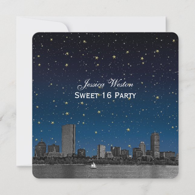 Boston Skyline Blue Starry Etched Sweet 16 Invitation (Front)