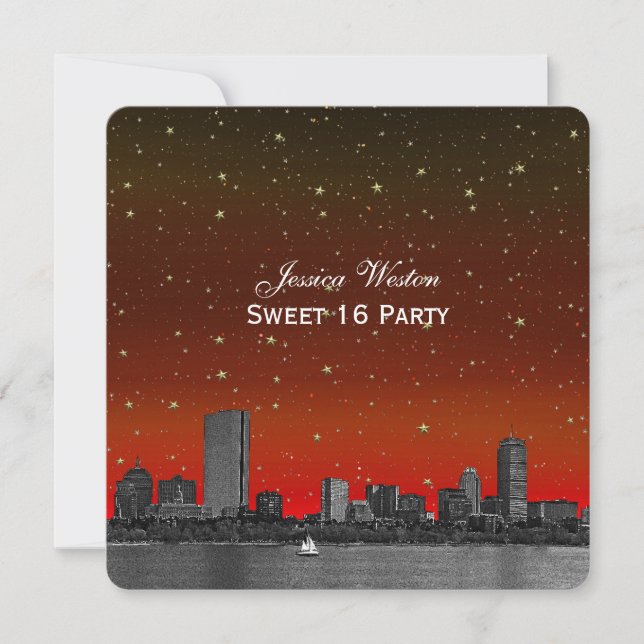 Boston Skyline Blue Starry Etched Sweet 16 Invitation (Front)