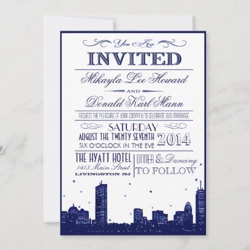 Boston Skyline Dark Blue on white Invitation