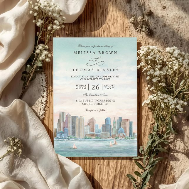 Boston Skyline Destination Elegant QR Code Wedding Invitation (Creator Uploaded)