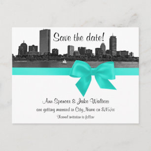 Boston Skyline Etched BW Aqua Save the Date Announcement Postcard